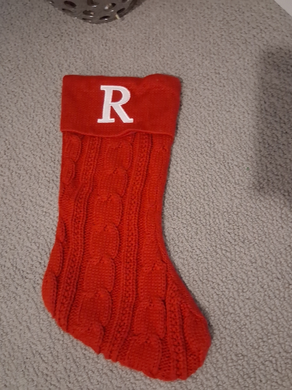 Red Cable Knit Holiday Stocking with White 'R' Monogram